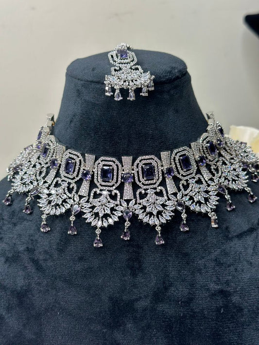 American Diamond silver violet Necklace with Earrings and tikka